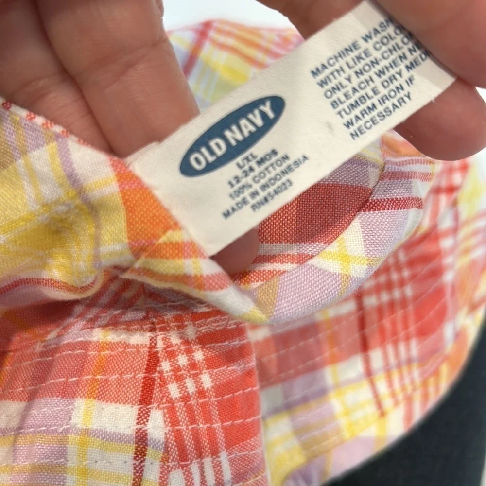 Old Navy plaid bucket hat size 12-24 months sun hat pink coral yellow purple